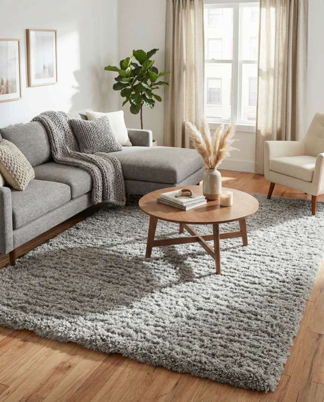 Area Rug Cozy Grey Dense Shag Pile Monochromatic Contemporary