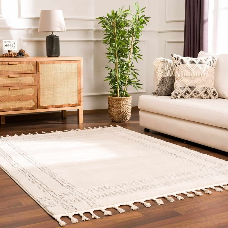 Area Rug: Cream Bohemian Shag Grey Diamond Trellis Farmhouse