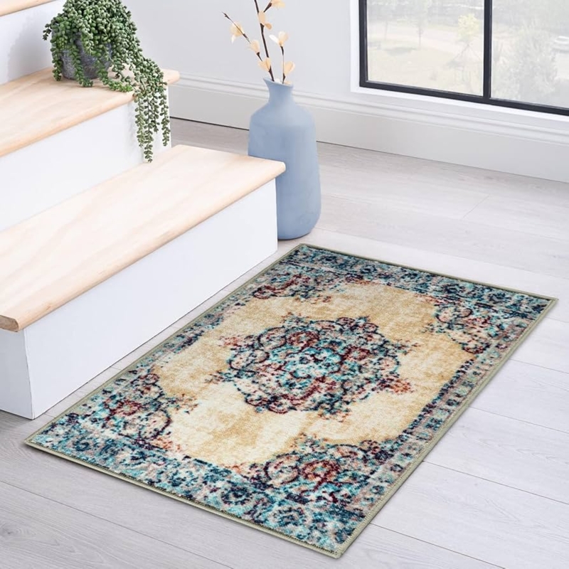 Area Rug Cream Distressed Medallion Washable Nylon Transitional