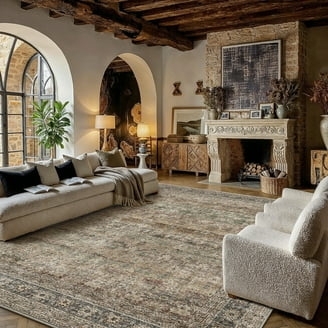 Area Rug Cream Faded Medallion Motif Rustic Traditional Decor