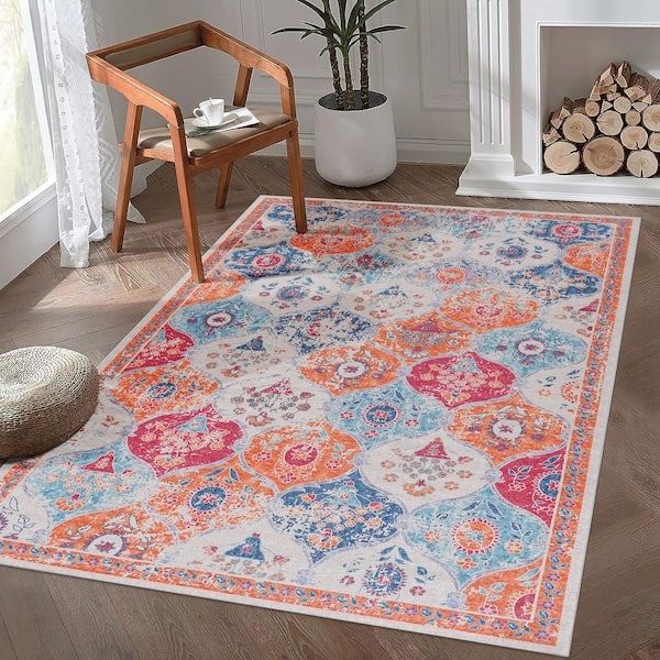 Area Rug, Cream Geometric Styling, Washable Look, Pet-Friendly