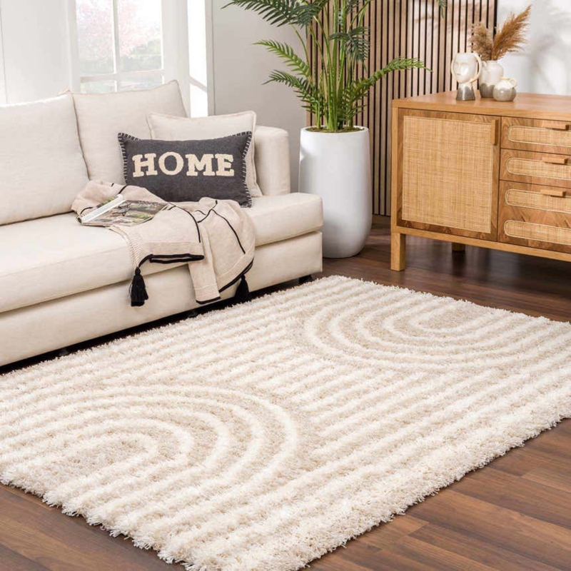Area Rug Cream High Pile Shag Texture Scandinavian Interior Design