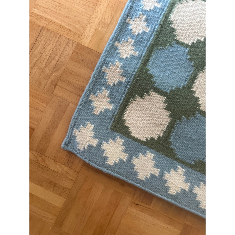 Area Rug Cream Indigo Blue Corner Tassels Geometric Dhurrie Weave