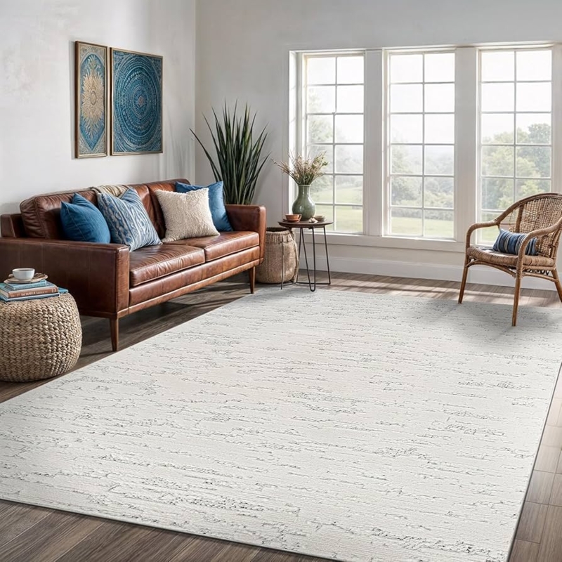 Area Rug: Cream Loop Pile Abstract Linear Pattern Minimalist Design