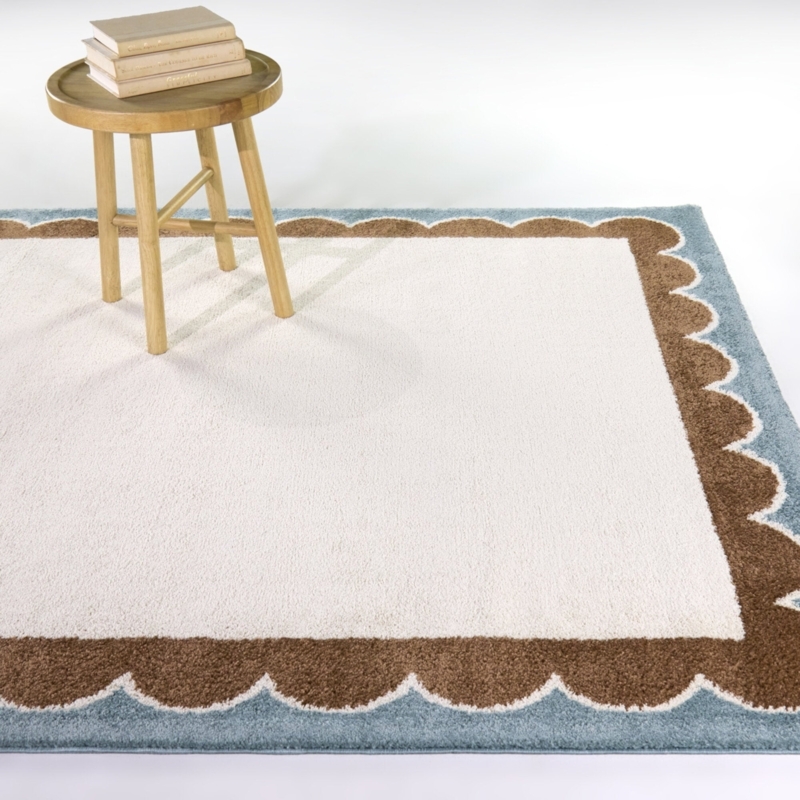 Area Rug Cream Navy Blue Scalloped Border Contrasting Edge Coastal