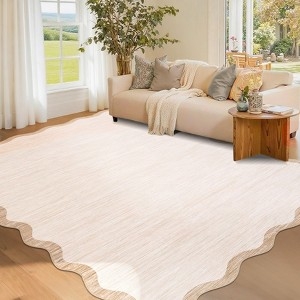 Area Rug Cream Scalloped Edge Low Pile Minimalist Scandinavian