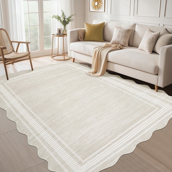 Area Rug: Cream Scalloped Edge Low Pile Washable Modern Living Room