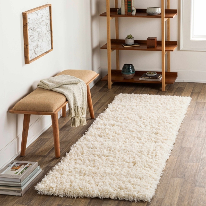 Area Rug: Cream Shag with Tasseled Fringe Scandinavian Decor