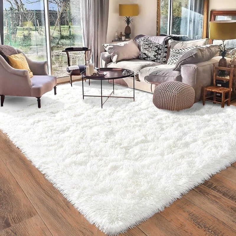 Area Rug Cream White Plush Shaggy Texture for Minimalist Living Room