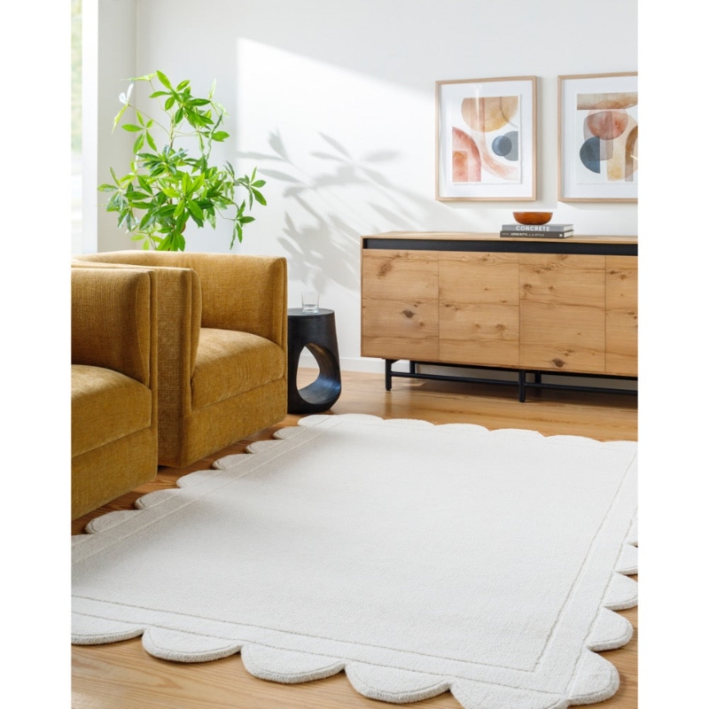 Area Rug Cream Wool Like Scalloped Edge Wavy Border Transitional