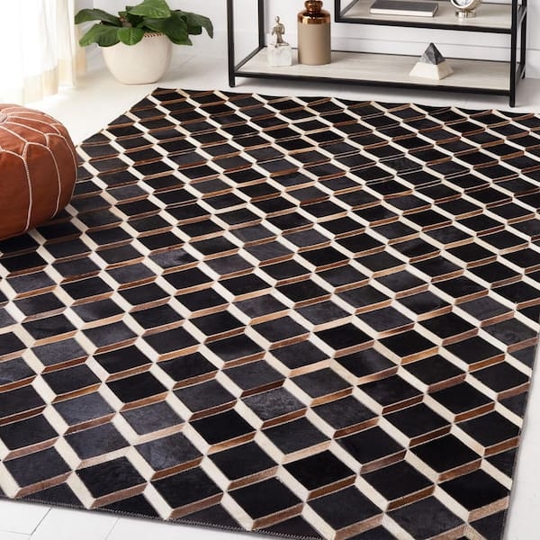 Area Rug Cubed Shingled Leather Texture Black Brown Industrial