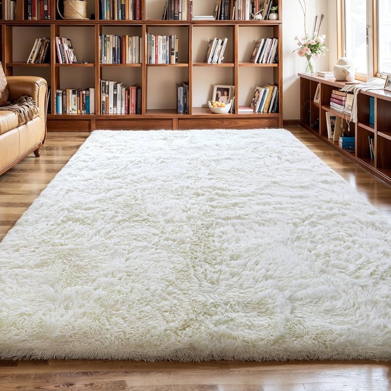 Area Rug: Cushioned Base Cream White Shaggy Faux Fur Pile