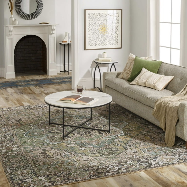 Area Rug Dark Green Classic Distressed Oriental Ornate Border