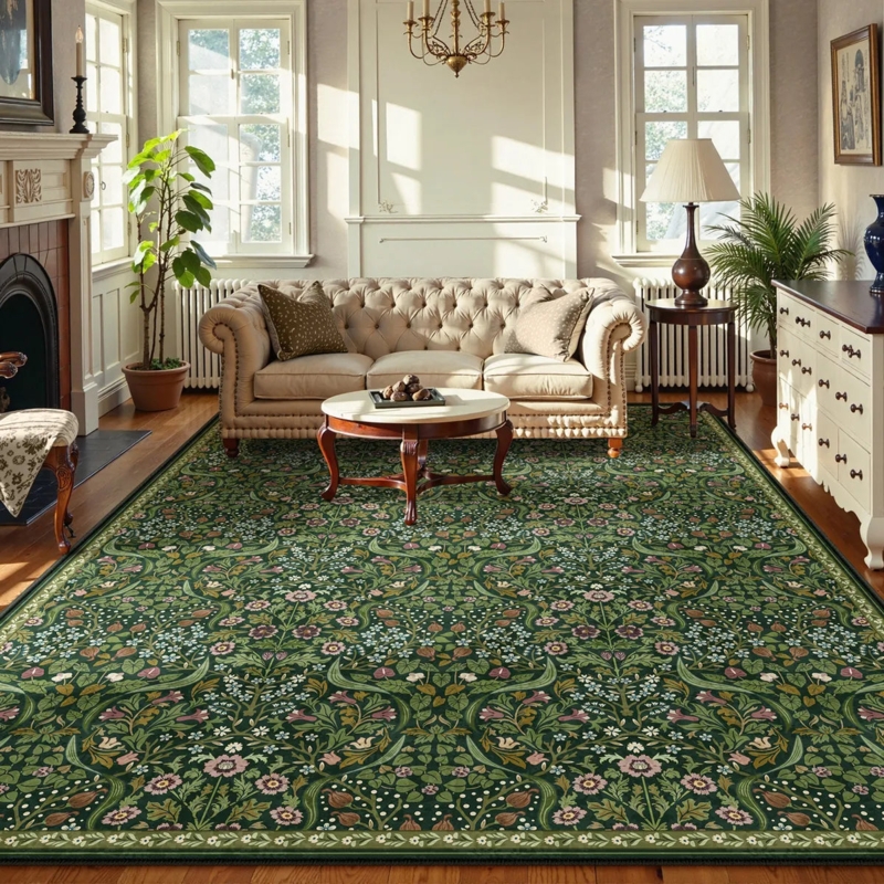 Area Rug Dark Green Painterly Botanical Floral Washable Maximalist