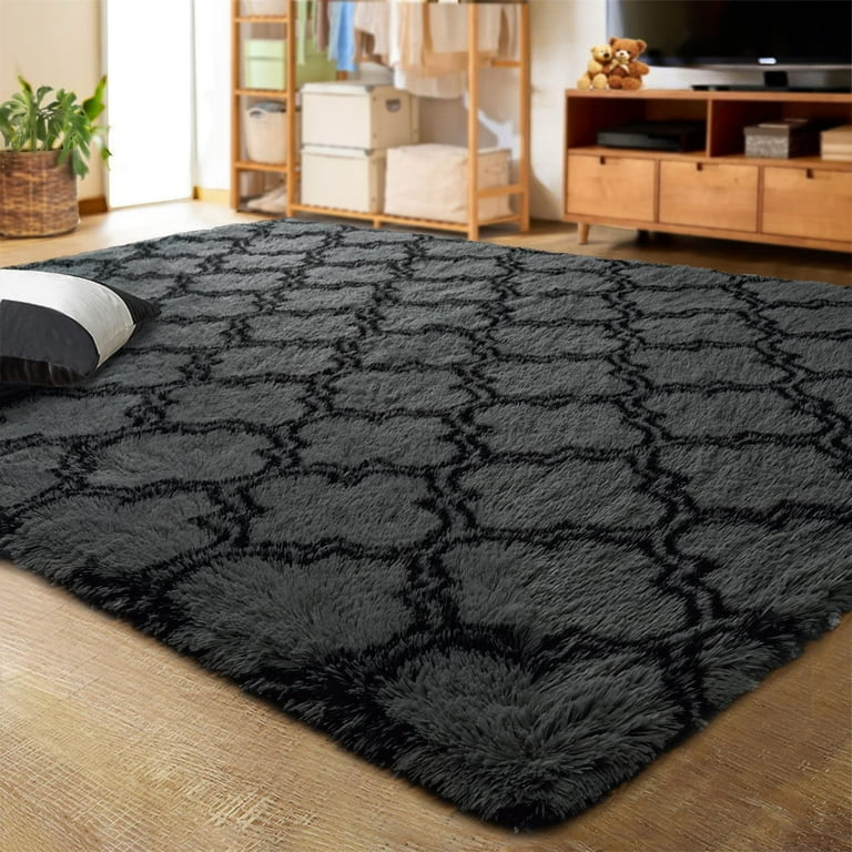 Area Rug Dark Grey Moroccan Geometric Trellis Plush Shag Diamond