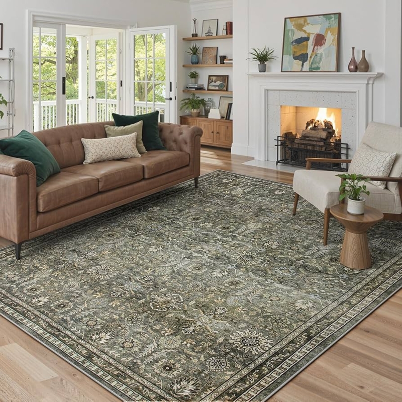 Area Rug Dark Olive Green Boho Washable Low Pile Patterned