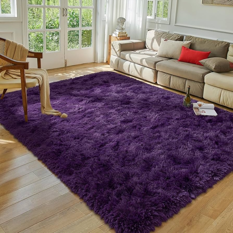 Area Rug Dark Purple Shaggy Plush High Pile Modern Bedroom Decor