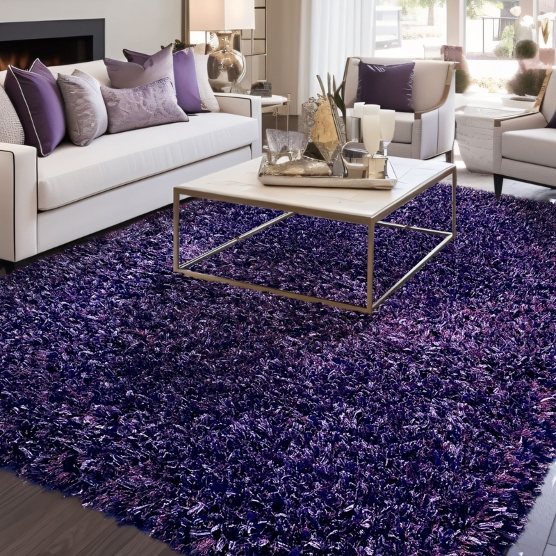 Area Rug Deep Purple Shag Texture High Pile Modern Glam Plush
