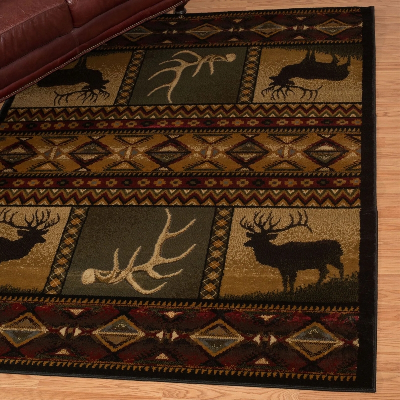 Area Rug Deer And Antler Motif Thick Border Lodge Style