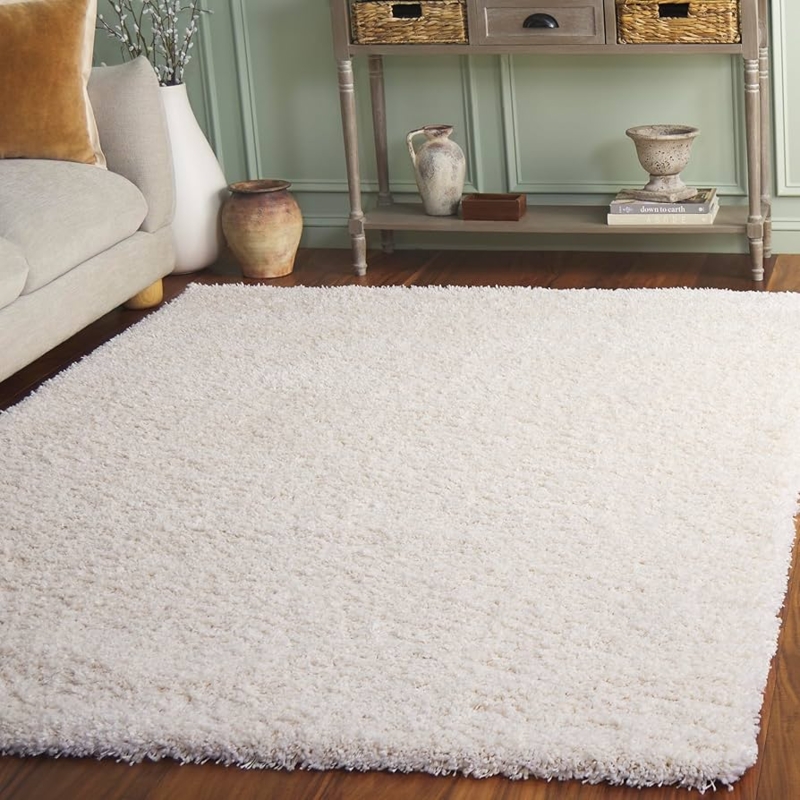 Area Rug: Dense Twisted Fibers Ivory High Pile Shag Texture