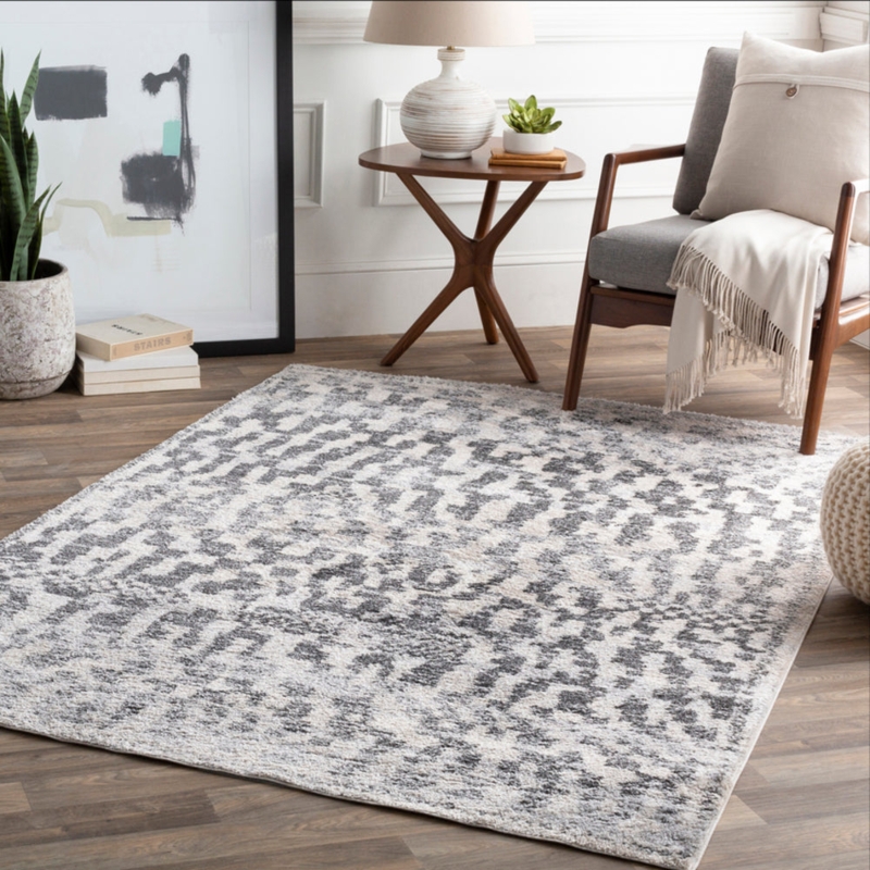 Area Rug Diamond Trellis Shag Gray Black White Tasseled Fringe