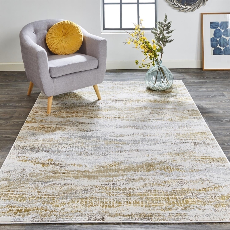 Area Rug Distressed Abstract Pattern Beige Gold Transitional Style
