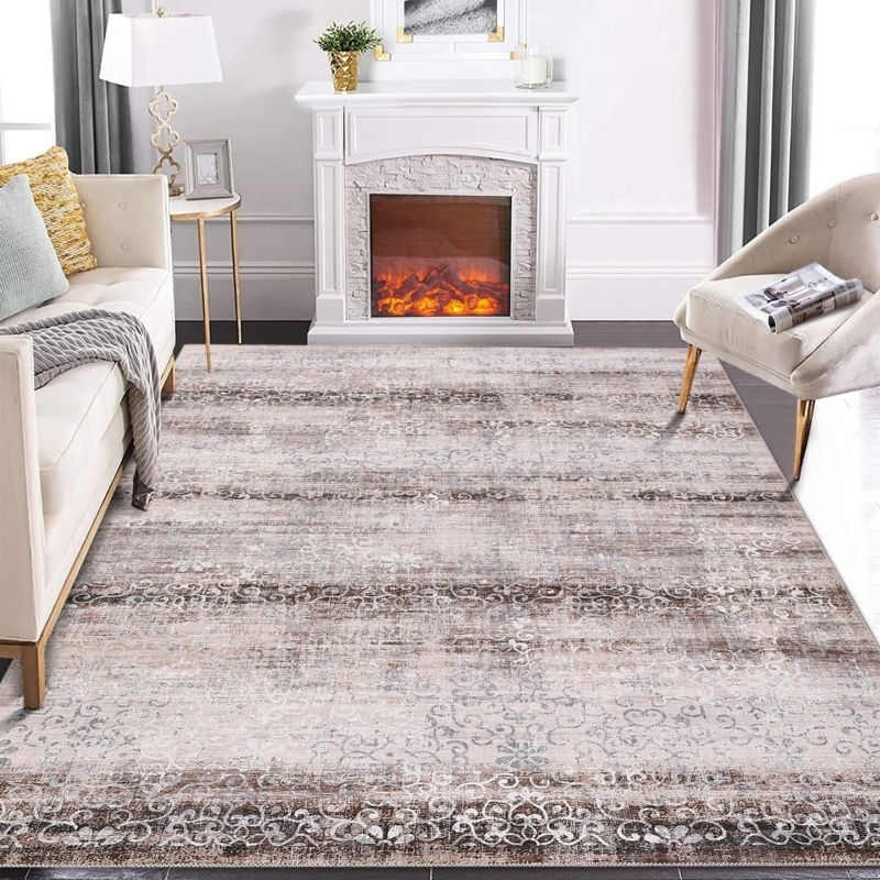 Area Rug Distressed Beige Medallion Pattern Transitional Washable Decor