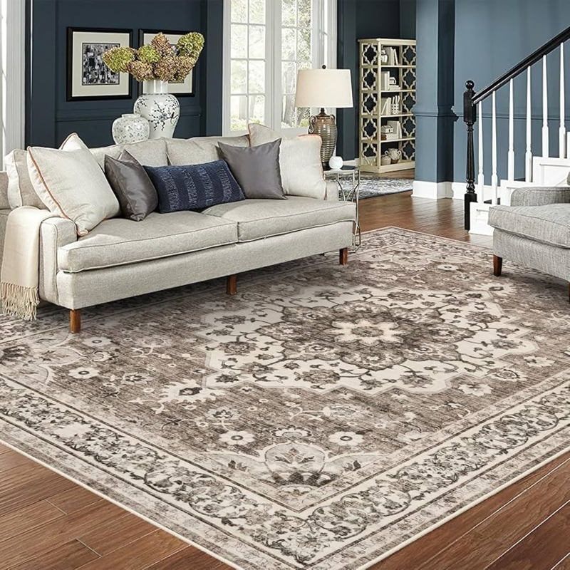 Area Rug Distressed Beige Oriental Low Profile Muted Blue Accents