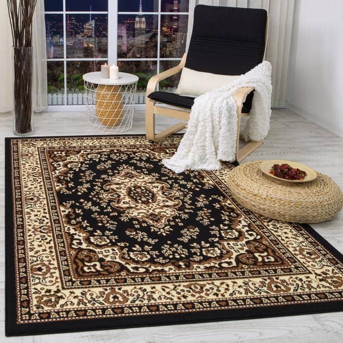 Area Rug Distressed Black Field Beige Oriental High Contrast Neutrals
