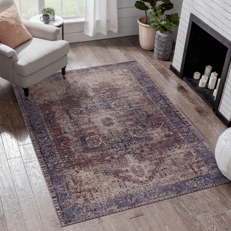 Area Rug Distressed Blue Medallion Pattern Vintage Low Pile