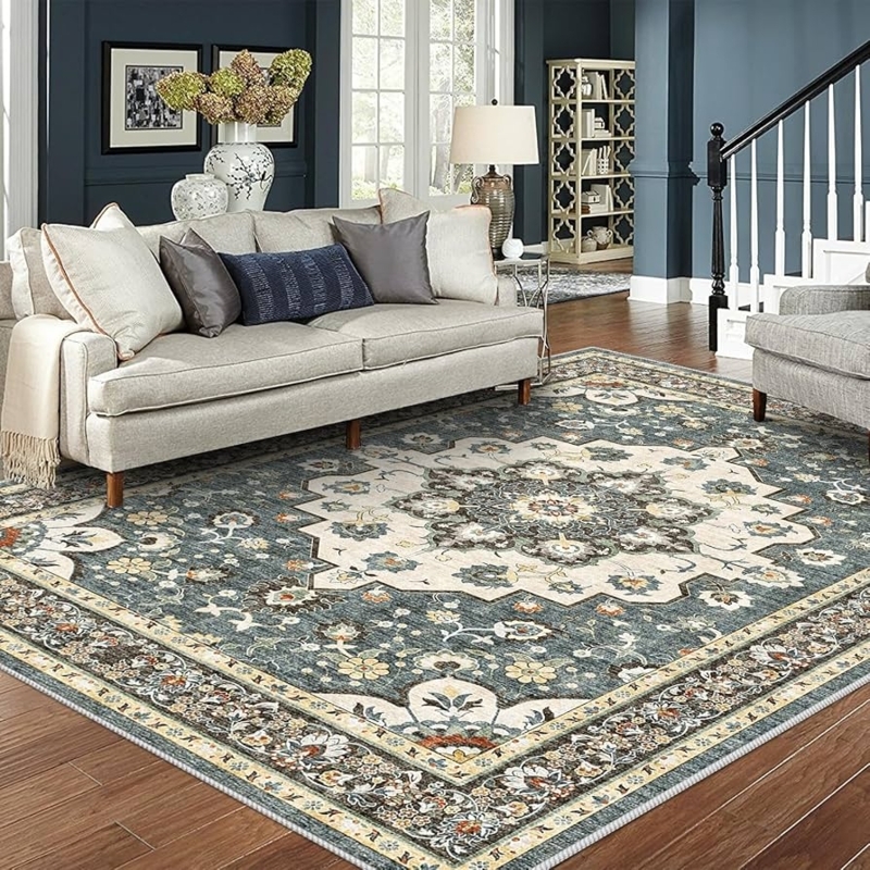 Area Rug Distressed Blue Oriental Floral Medallion Transitional Decor