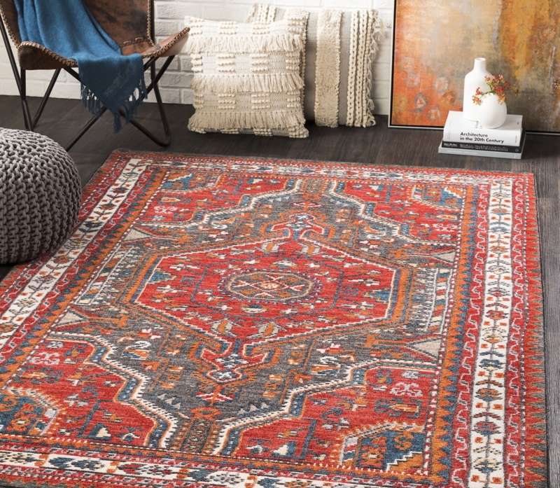 Area Rug: Distressed Blue Oriental Pattern Rust Accents Vintage Style