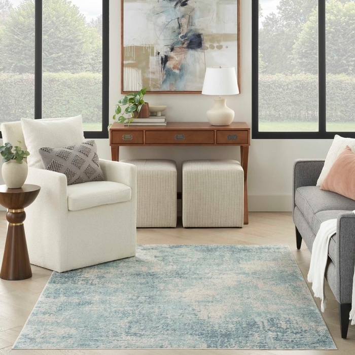 Area Rug Distressed Blue Oriental Pattern Washable Navy Ivory