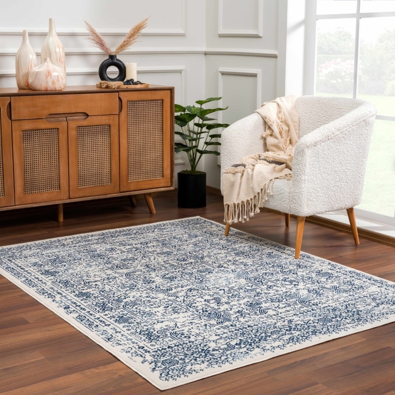 Area Rug Distressed Blue Pattern Oriental Motif Faded
