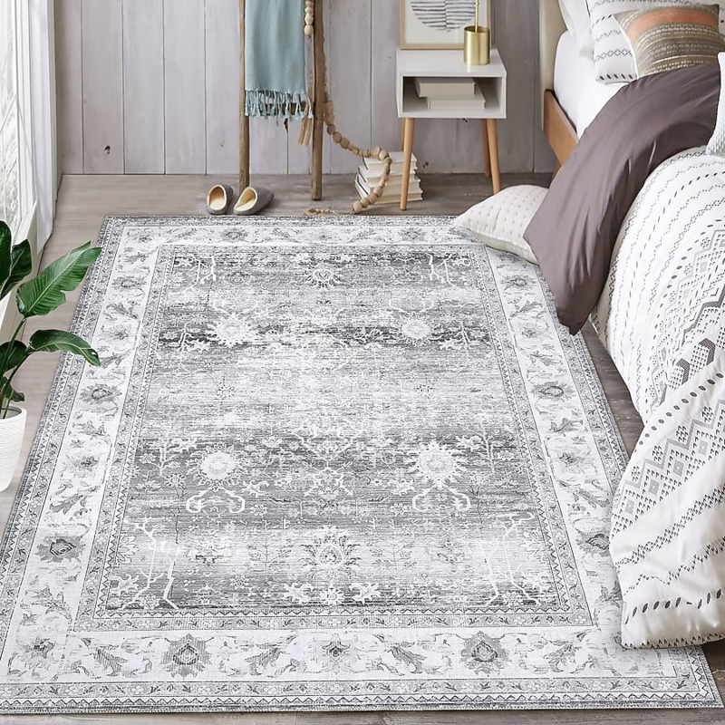 Area Rug Distressed Botanical Washable Vintage Style Gray Area Rug