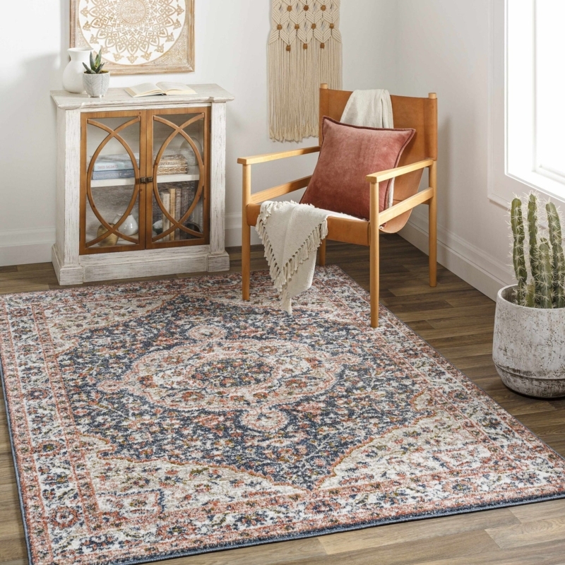 Area Rug Distressed Cream Blue Transitional Traditional Style