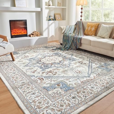 Area Rug Distressed Cream Medallion Motif Neutral Modern Traditional Decor