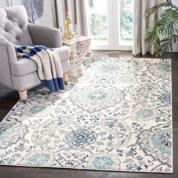 Area Rug Distressed Effect Paisley Cream Grey Boho Chic Decor