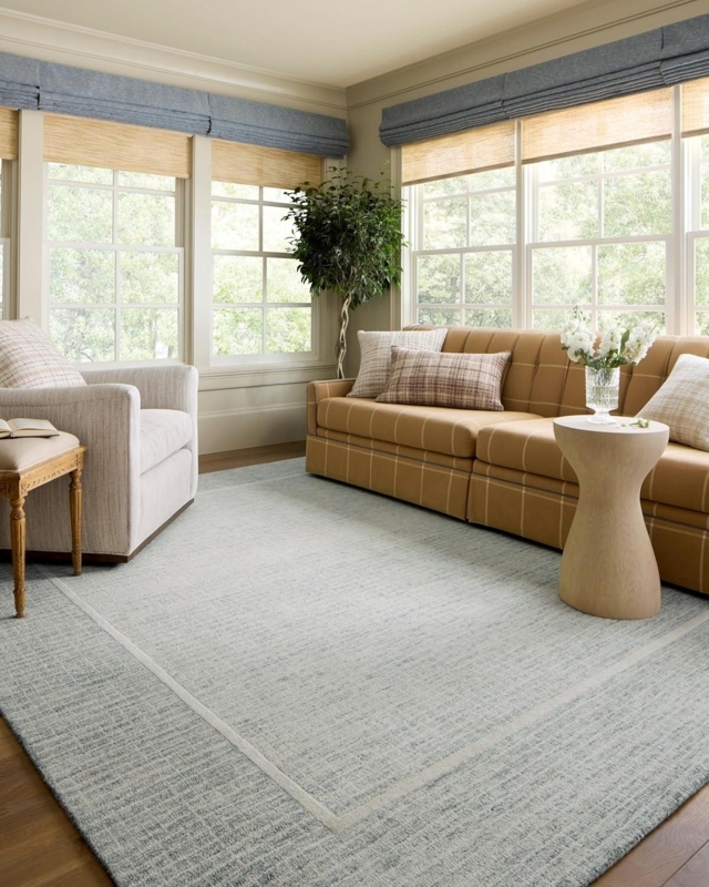 Area Rug: Distressed Faded Medallion Design in Mist Blue, Transitional.