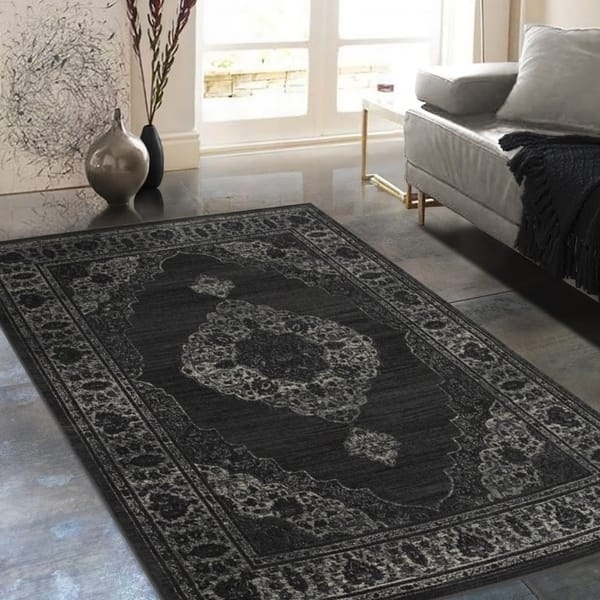 Area Rug Distressed Finish Charcoal Palette Medallion Motif
