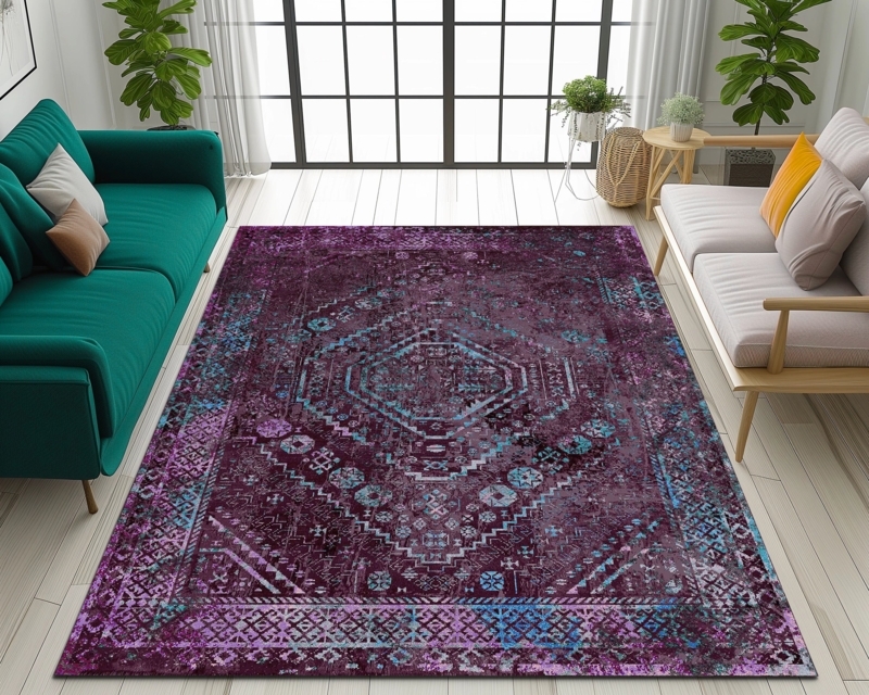 Area Rug Distressed Finish Purple Medallion Traditional Pattern