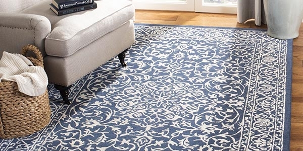 Area Rug Distressed Floral Pattern Blue Cream Glam Living Room Styling