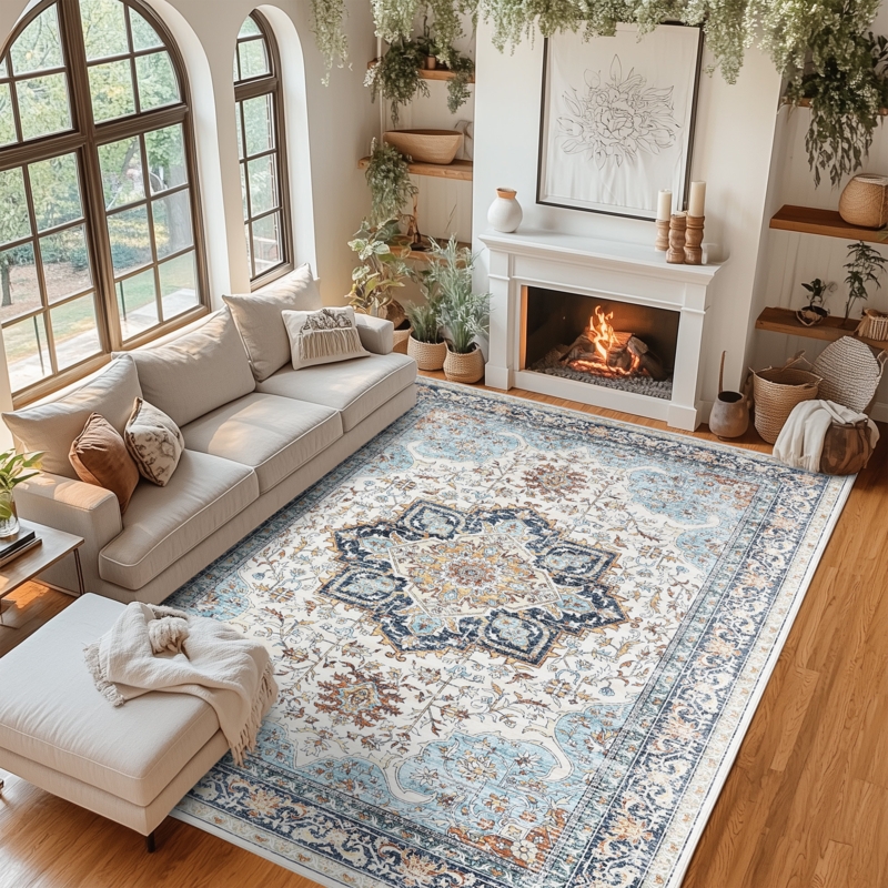 Area Rug Distressed Floral Pattern Muted Teal Rust Traditional Style