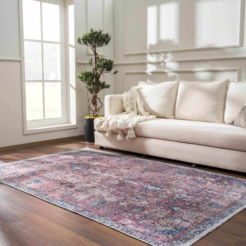Area Rug Distressed Floral Pattern Washable Navy Accents