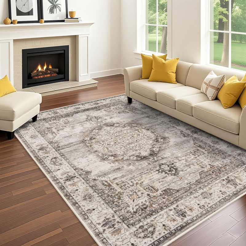 Area Rug Distressed Floral Print Beige Monochromatic Boho Chic