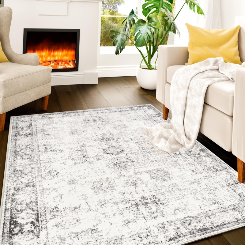 Area Rug, Distressed Geometric Medallion Cream Grey, Neutral Layout