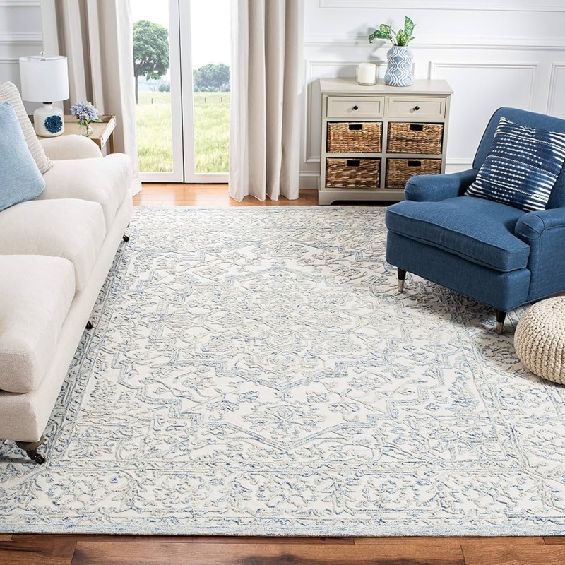 Area Rug Distressed Geometric Pattern Light Blue Serene Organic Style