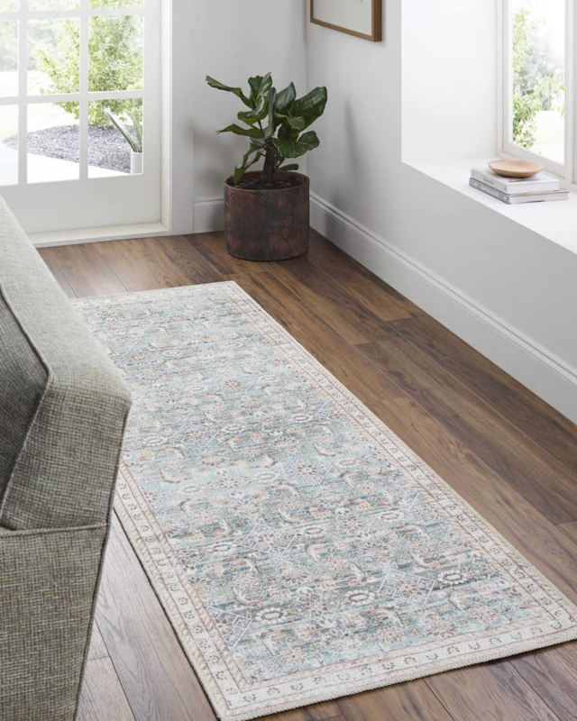 Area Rug Distressed Geometric Pattern Low Pile Washable Beige