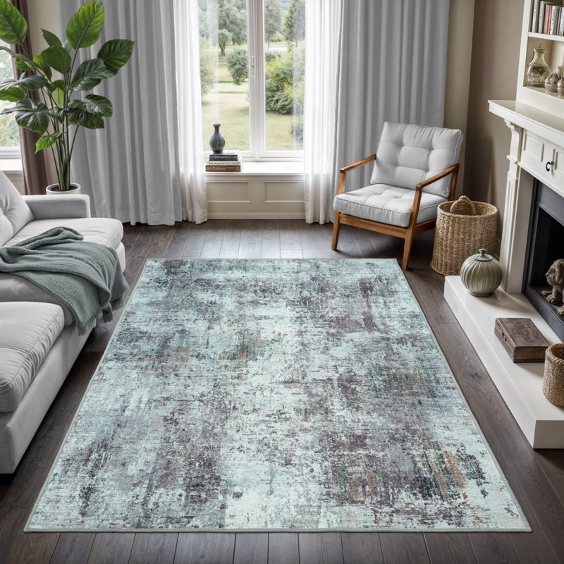 Area Rug Distressed Geometric Print Gray Minimalist Low Pile