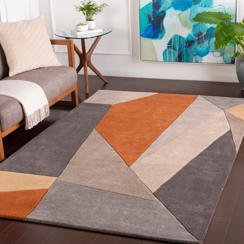 Area Rug: Distressed Geometric Woven Texture, Transitional Burnt Orange Palette